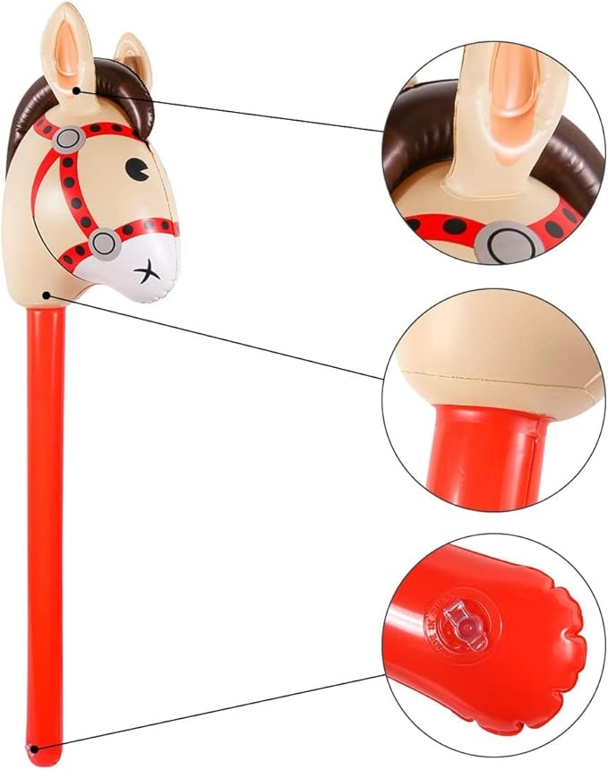 12PCS Inflatable Stick Horse,Blow Up Horse Head on Stick Pony Costume Western Cowboy Cowgirl Baby Shower Birthday Party Decorations Halloween Supplies Favors Props, 38 Inches (Red)