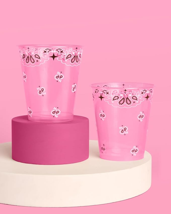 xo, Fetti Cowgirl Plastic Cups - Set of 16, 12oz | Western Party, Pink Cowgirl, Rodeo Cups, Bandana Print, Girls Birthday, Boot Decorations
