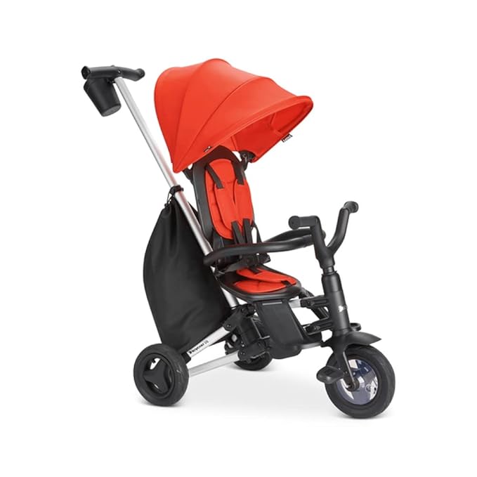 Joovy Tricycoo UL Kids Tricycle with 8 Stages Featuring 3 Rubber Tires, Removable and Adjustable Parent Handle, Safety Harness, 3-Position Recline Seat, and Retractable Canopy, Rorange