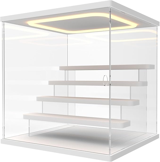 Nynelly Acrylic Lighted Display Case for Collectibles, 5 Tier Figure Display Box with Door and Steps, Assemble Dustproof LED Showcase Storage Box for Mini Figures, Funko Pop, Toys, White