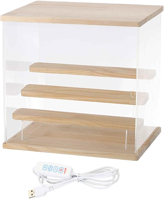 MECCANIXITY Clear Display Case, 4 Layer Acrylic Figure Display Case Clear Display Boxes for Collectibles, Figures Model Toys Home Storage(with Square LED Light, 13x9x12 Inch Wood Base)