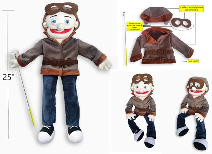 25", Rodayna Pilot Puppet, Full Body, Ventriloquist Style Puppet,Hand Puppet with Movable Mouth for Kids and Adults,Unique.