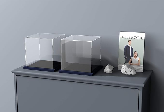 Acrylic Display Case with Navy Blue Velvet Base, Simple Self-Assembly Clear Acrylic Display Box with Lid, 6 Inch Cube Countertop Box for Collectibles, Home Organization (6x6x6 inch)