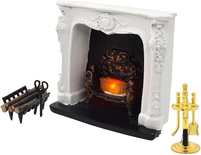 iLAND Dollhouse Furniture and Accessories of Dollhouse Fireplace on 1/12 Scale w/Fire Light & Fireplace Tools & Tong & Firewood Rack (Rococo 4pcs)