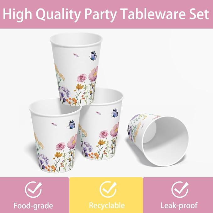 120Pcs Wildflower Plates Napkins Flower Birthday Party Supplies Floral Baby Shower Decorations Watercolor Colorful Cups Forks Spring Paper Disposable Tableware Set for 24 Guests