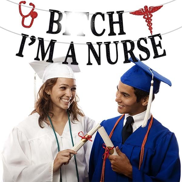 I'm a Nurse Banner - Congrats Nurse Grad/Nailed It/RN/BSN/NP- Nursing School Graduation Party Decorations Supplies, Black and Red Glitter