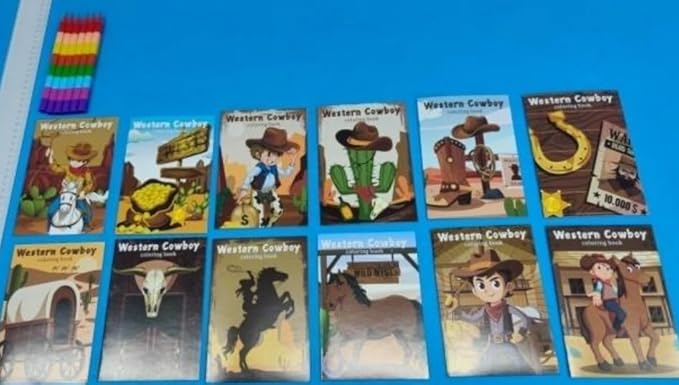 BenLouis 12 Western Cowboy Mini Coloring Books Kids with 12 Stacking Crayons Wild West Party Favors Small Activity Books Bulk for Kids Yee Haw Rodeo Party Horse Gift Goodie Bag Stuffers