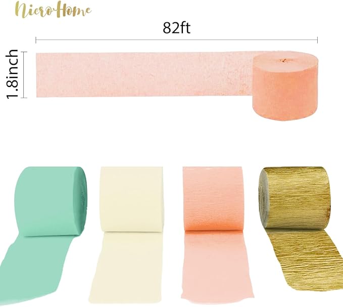 NICROHOME EUR Pastel Party Decorations, 8 Rolls Mint Green Pink White Gold Crepe Paper Streamers for Wedding, Baby Bridal Shower, Engagement Party, Birthday, Valentine's Day, Easter, 82 Ft Long