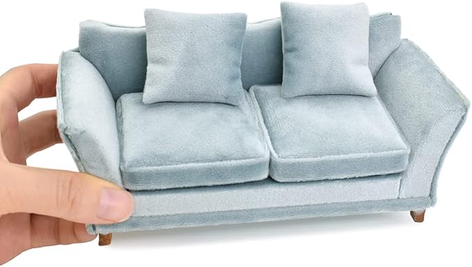 iLAND Dollhouse Couch, Modern Dollhouse Furniture on 1/12 Scale, Miniature Sofa for Dollhouse Living Room (Light Sky Blue Velvet)