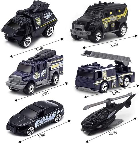 6 Pack Diecast Police Car Toy Set, Mini Alloy Models Police Car Toys for Boys 3-5 6 7, Armored Vehicle, Bulletproof Car, Rescue Truck, Military Helicopter, Armed Car Police Toys Kids Birthday Gift