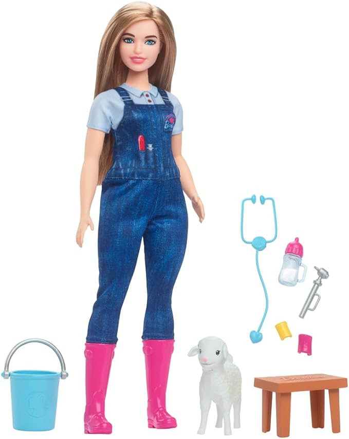 Barbie 65th Anniversary Doll & 10 Accessories, Farm Veterinarian Set with Blonde Vet Doll, Lamb with Moving Ears & More