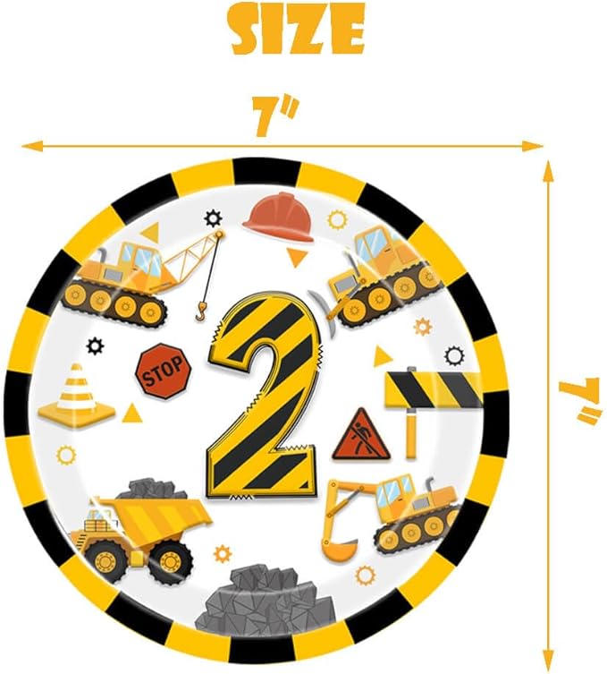 51 Pcs Construction 2nd Birthday Party Supplies Dump Truck Two Years Old Tablecloth Paper Plates Napkins Forks Dinnerware for Construction 2nd Birthday Party Supplies Decorations