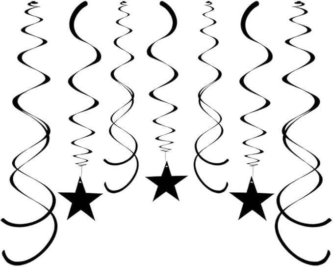 Party Star Swirl Decorations, Black Foil Ceiling Hanging Swirl Decorations with Star, Whirls Decorations for Birthday | Wedding | Anniversary | Graduation Party Supplies, Pack of 30