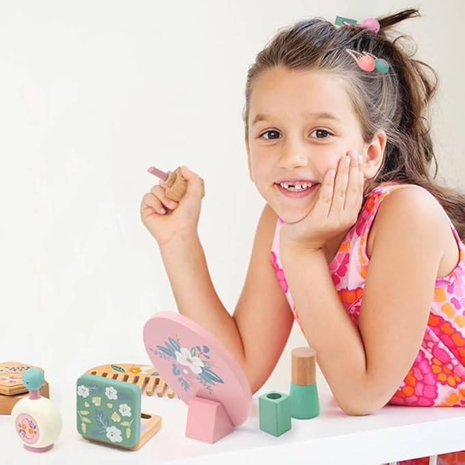 Wooden Makeup Toy Set for Girls – 11 PCS Pretend Play Makeup Kit for Kids with Mirror, Lipstick, Eyeshadow, Nail Polish, Perfume, Comb, Hair Clip & Storage Bag – Birthday Gifts for 3 4 5 6 Girls