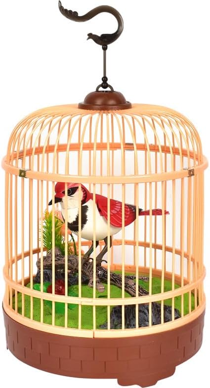 PowerTRC Singing & Chirping Bird in Cage, Realistic Sounds & Movements, Sound Activated, Battery Operated, Great Desk and Room Accessory, Pet Caged Bird Toy (10” x 7”)