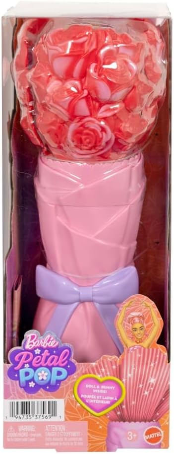 Barbie Petal Pop Scented Doll with Rose Dress & Accessories, Bouquet Reveal with Pet Bunny & Surprises Like Watering Can, Necklace & Earrings