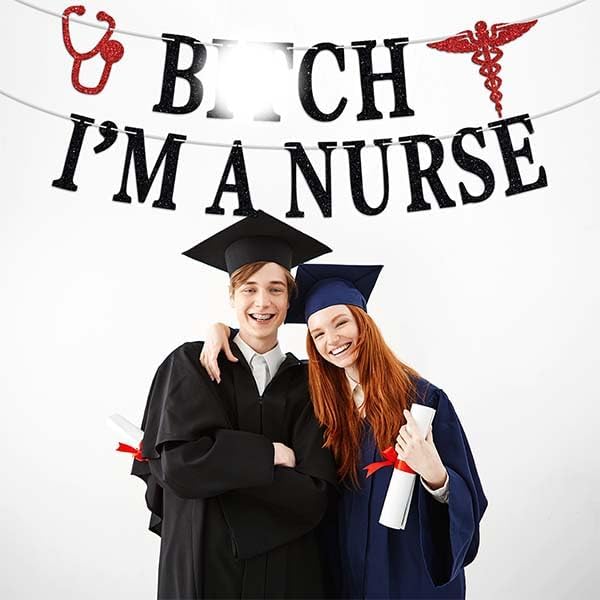 I'm a Nurse Banner - Congrats Nurse Grad/Nailed It/RN/BSN/NP- Nursing School Graduation Party Decorations Supplies, Black and Red Glitter