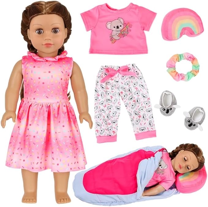 K.T. Fancy American Girl Doll Clothes for 18 Inch Dolls Accessories - Pink Outdoor Dress, Top, Pants, Shoes, Hairband, Rainbow Pillow, Outdoor Space Sleeping Bag (No Doll)