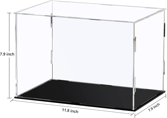 Acrylic Display Case Clear Display Box with Mirror Countertop Cube for Collectibles, Action Figures, Miniature Figurines Dustproof Protection Storage & Organizing (Black, 11.8x7.9x7.9in)