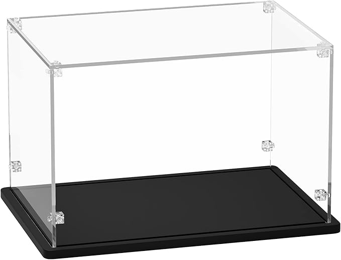 Acrylic Display Case 14x10x10 Inch - 3mm Thick Acrylic Display Box with Black Wooden Base, Assemble Dustproof Showcase Clear Display Case for Collectibles Figures Doll Toys Models