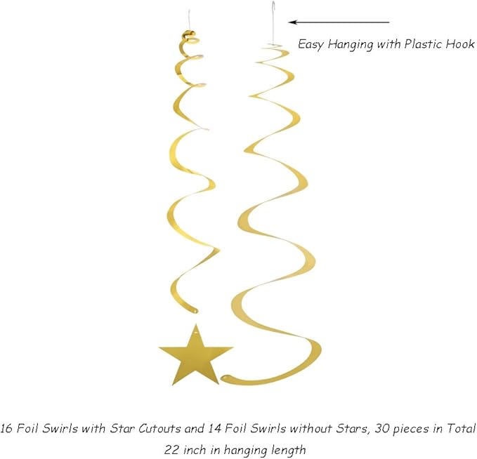 Gold Twinkle Stars Swirls Decorations Shiny Metallic Hanging Stars Garland Wedding Favors Birthday Baby Shower Party Decorations, 30 pcs