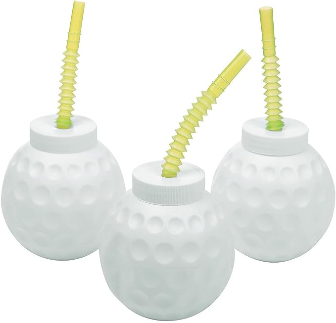 Fun Express Golf Party Decorations Cups - 12 Pack Golf Ball Molded 14 oz Plastic Cups with Lids and Straws | Perfect Birthday Party Supplies & Favors for Kids Themed Celebrations & Events