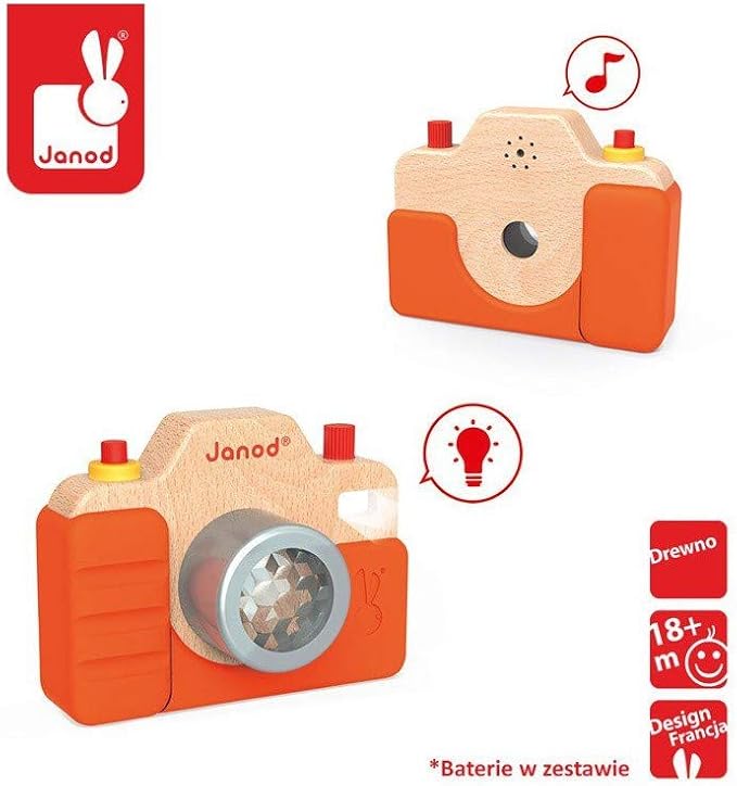 Janod Beech Wood Toddler Camera with Light & Sound Effects & Silicone Cover for Pretend Play Ages 18 Months+