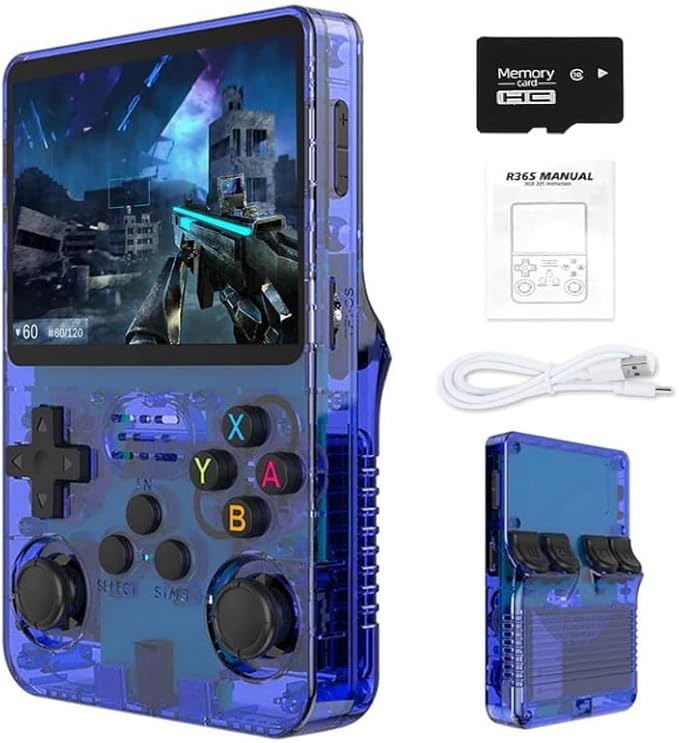 R36S Retro Handheld Gaming Console, 3.5 Inch IPS Screen, 22000+ Games Pre-Loaded, 128GB Storage, 26 Emulators, 3500mAh Battery, Linux System (Blue Transparent, 128 GB)