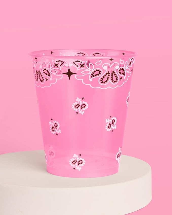 xo, Fetti Cowgirl Plastic Cups - Set of 16, 12oz | Western Party, Pink Cowgirl, Rodeo Cups, Bandana Print, Girls Birthday, Boot Decorations
