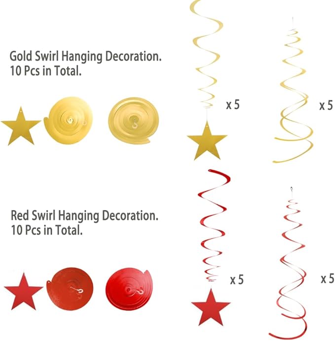 MOWO Gold Red Star Swirl Hanging Decoration for 4th July Birthday Graduation Retirement New Year Valentine's Day Party Supplies, Pack of 20