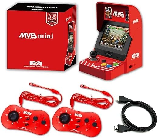 UNICO MVS Mini Arcade and 2 Red Gamepads Combo, Including Pre-Loaded 45 SNK Retro Games