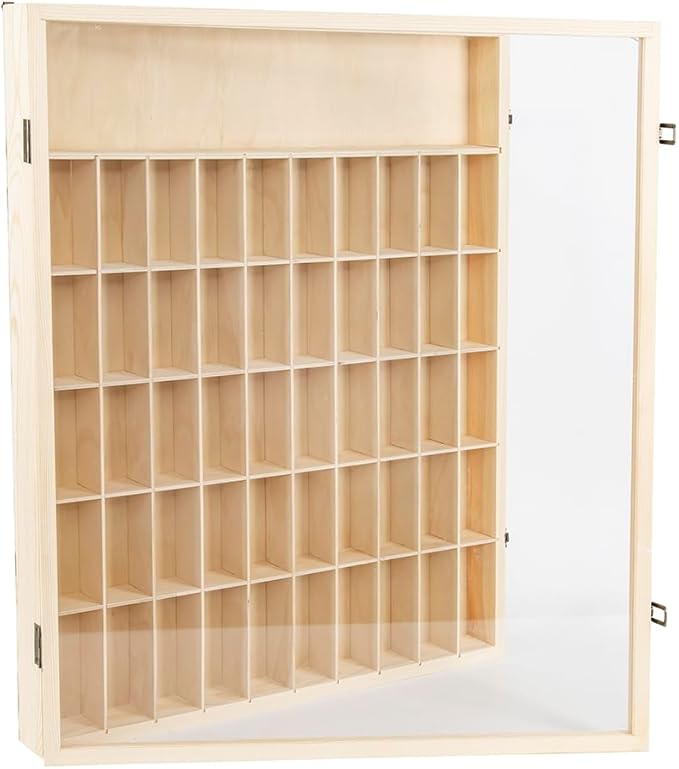 1:64 Scale Toy Car Display Case Organizer Storage with Acrylic Transparent Door, Wooden Wheel Rack Wall Mounted with 51 Compartments for Toy Car, Collectibles, Figurines (61.8x74.8x7cm)