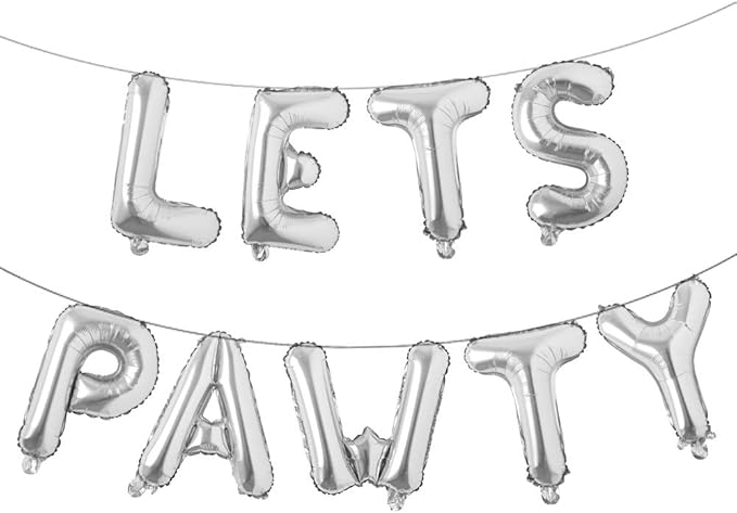 9PCS 16'' Foil Balloon Dog Pet Birthday Lets Pawty Balloons,Happy Birthday Banner for Pet Dog Party Supplies Decoration Set (Silver)