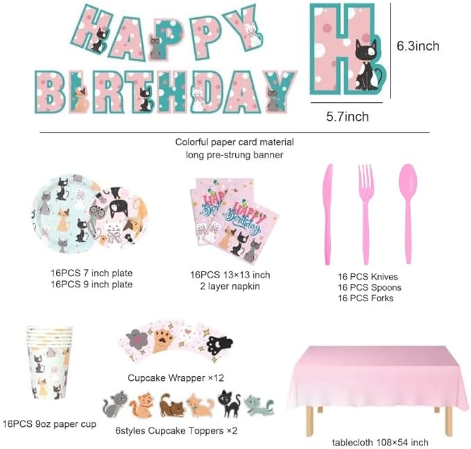 146Pcs Serves 16 Cat Theme Birthday Party Decorations Set,Kitten Disposable tableware,9in/7in Plates,Napkins,Cups,Knives,Forks,Spoons,Cupcake Toppers＆Wrappers Table Cover and Banner Party Favor.