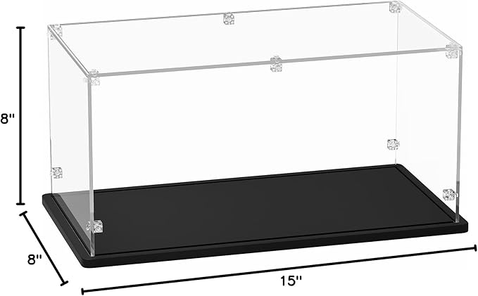 Acrylic Display Case 15x8x8 Inch Cube- 3mm Thick Acrylic Display Box with Black Wooden Base, Assemble Dustproof Showcase Clear Display Case for Collectibles Figures Doll Toys Models Cars