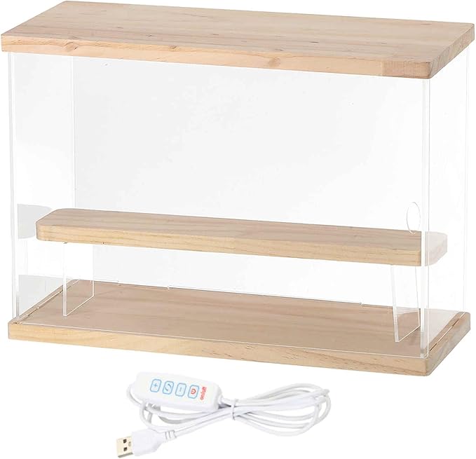 MECCANIXITY Clear Display Case, 2 Layer Acrylic Figure Display Case Clear Display Boxes for Collectibles, Figures Model Toys Home Storage(with Square LED Light, 13x5x9 Inch Wood Base)