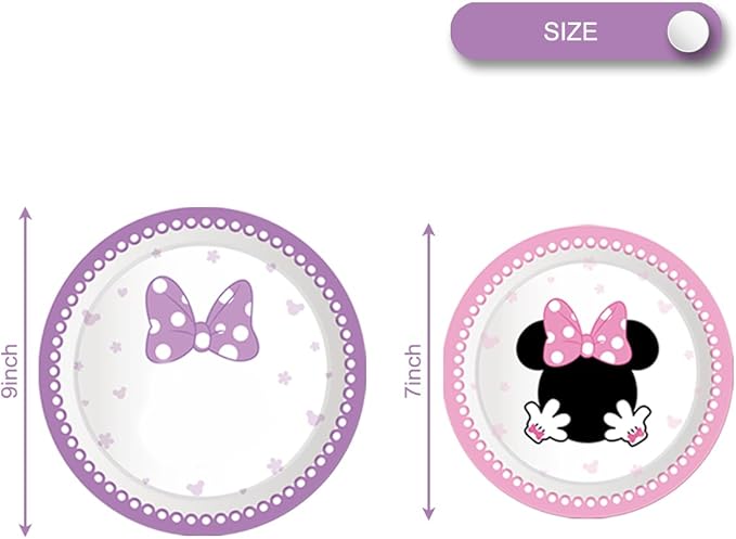 Party Tableware For Cute Mouse,16 pcs Paper Plates (8pcs 9 inch and 8pcs 7inch)-20 Napkin and Table Cloth 86” x 52”,Girl Cute Mouse Birthday Party Decorate Supplies