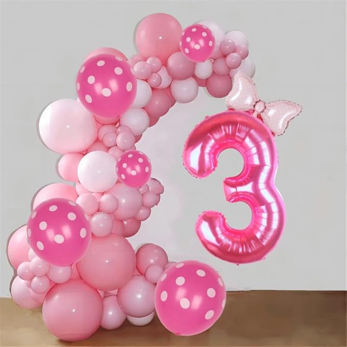 40 Inch Pink Number 3 Balloon with Mini Bow Balloon for Girls 3rd Birthday Decorations, Pink Girl Mouse Princess Western Cowgirl Theme Birthday Party Balloons Decorations Supplies