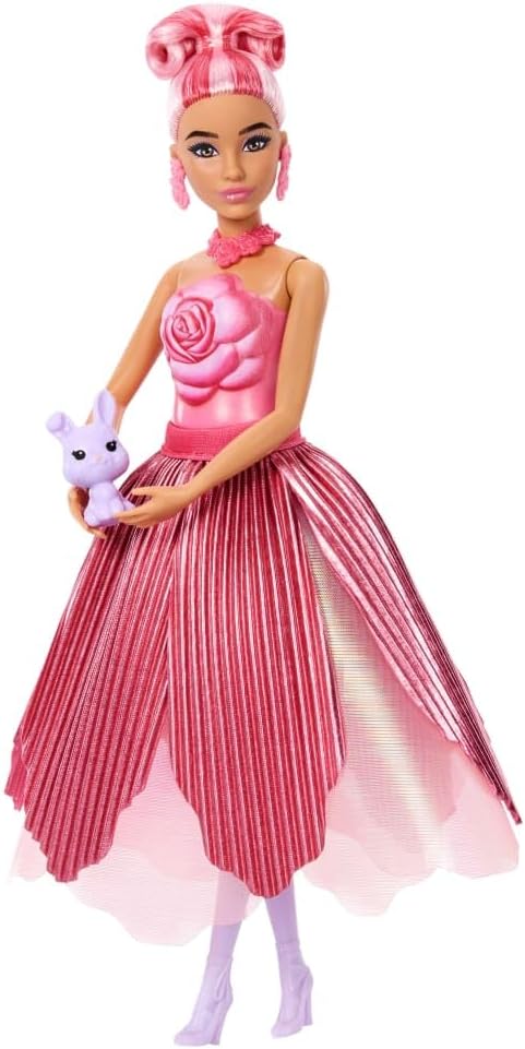 Barbie Petal Pop Scented Doll with Rose Dress & Accessories, Bouquet Reveal with Pet Bunny & Surprises Like Watering Can, Necklace & Earrings