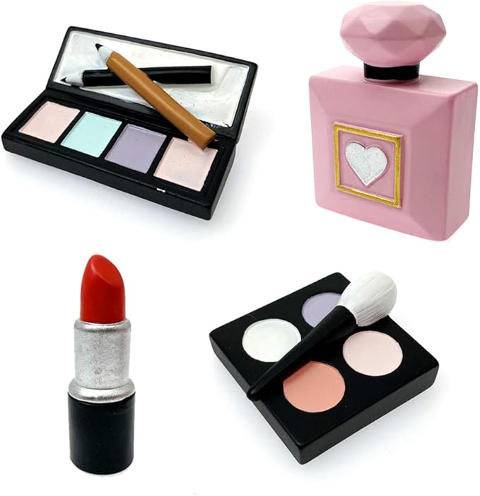 MEMOVAN Makeup Cake Topper 4 Pack, Resin Cosmetics Lipstick Perfume Bottle Eye Shadow Blush Make up Cake Decorations for Bridal Shower Bachelorette Girl Women Spa Salon Themed Birthday Party Supplies
