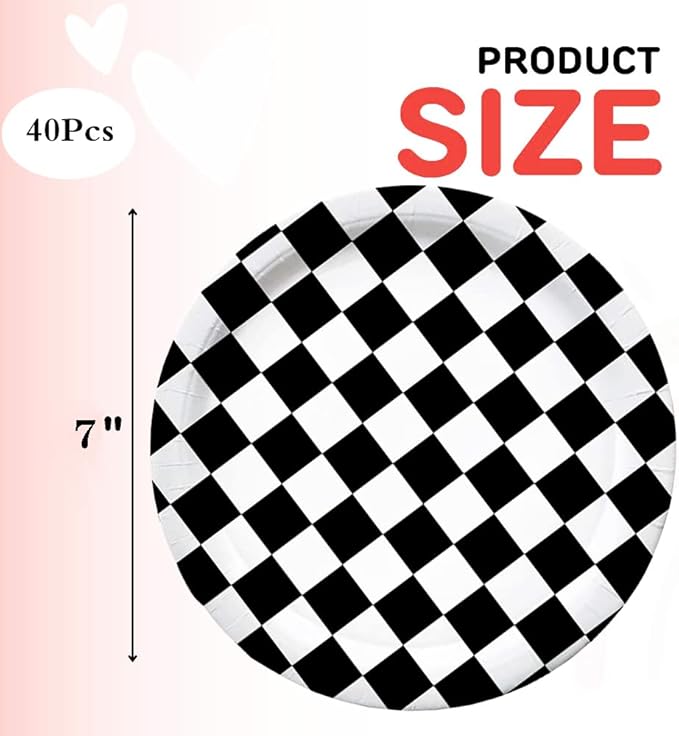 40 Pcs Black & White Checkered Party Supplies - Racing Themed Paper Plates, 7" Dessert Plates for Kids Sports Themed Race Car Birthday Party Decorations