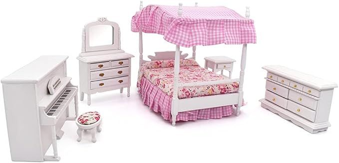 iLAND Wooden Dollhouse Furniture on 1/12 Scale of Pink Dollhouse Bedroom Set w/Piano (Sweet Doll Furniture 6pcs)