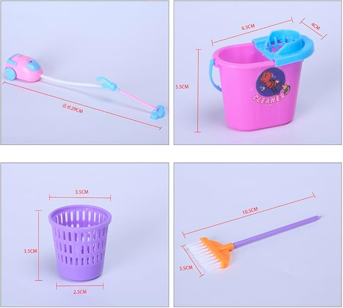 E-TING Miniature Mop Dust Pan, Brush, Broom, Plastic Bucket Doll Housework Cleaning Supplies Tools Set Dollhouse Furniture Decoration Accessories for 7-11.5 inch Dolls Accessories, Multicolored