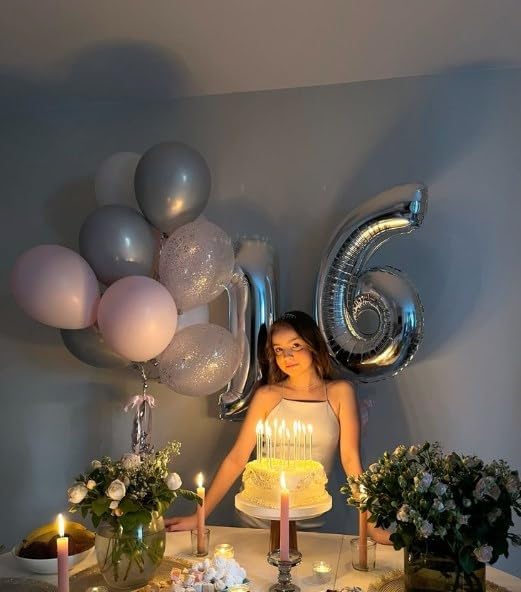 40 Inch Silver Mylar Foil Number 6 Birthday Balloon, Digital Balloons for 6 16 Boy Girl Party Decorations Supplies, Big Helium Balloon Numbers for 26 36 46 60 Men Women Anniversary
