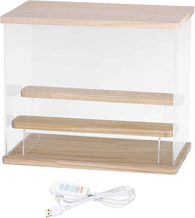 MECCANIXITY Clear Display Case, 3 Layer Acrylic Figure Display Case Clear Display Boxes for Collectibles, Figures Model Toys Home Storage(with Square LED Light, 13x7x11 Inch Wood Base)