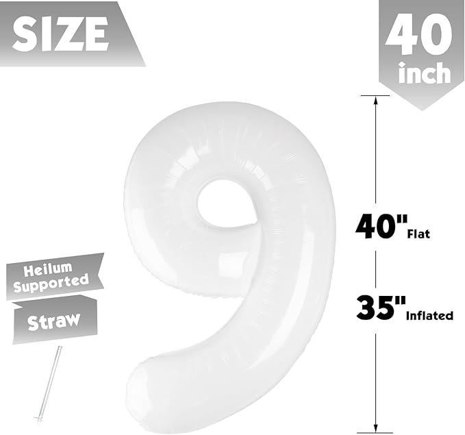 40 Inch White Number 9 Balloon, Giant 9 Number Balloons for 9th Birthday Decorations, Party Supplies for Baby Boy Girl, White Party Decor