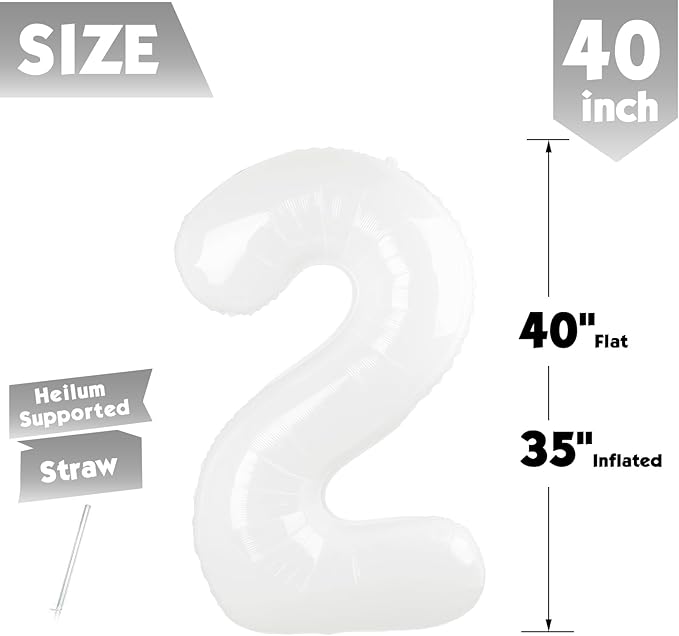 40 Inch White Number 2 Balloon, Giant 2 Number Balloons for 2nd Birthday Decorations, Party Supplies for Baby Boy Girl, White Party Decor