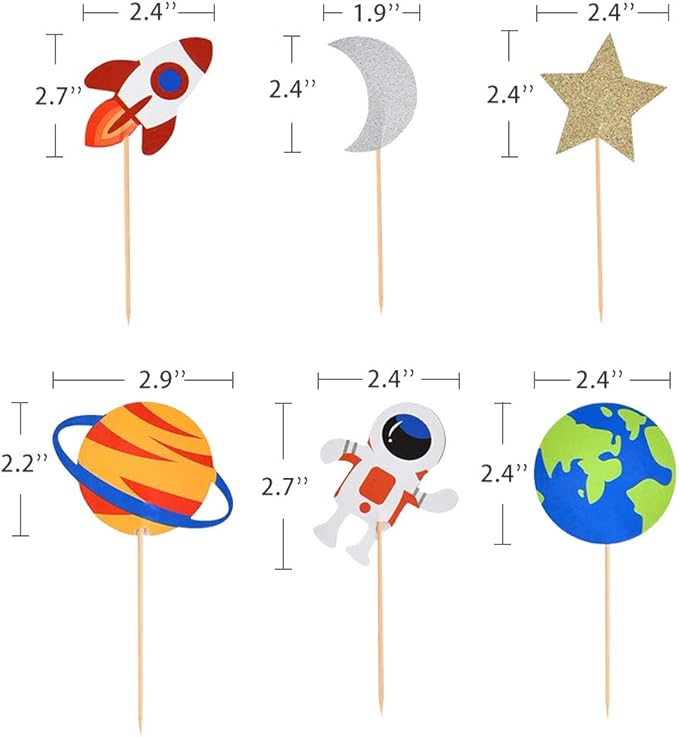 30pcs Outer Space Cupcake Toppers, Planet Party Supplies - Birthday Decorations, Rocket, Astronaut, Spaceship Themed Kids Children Party Supplies