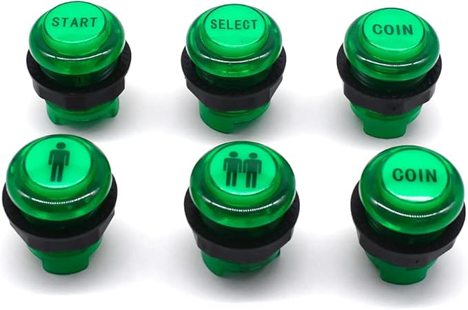Arcity 6 Pcs/Lot 28mm Arcade LED Push Buttons Illuminated Player 1P 2P Coin Start Select Lit Green with Microswitch for Arcade Machine Games Console Parts 5V
