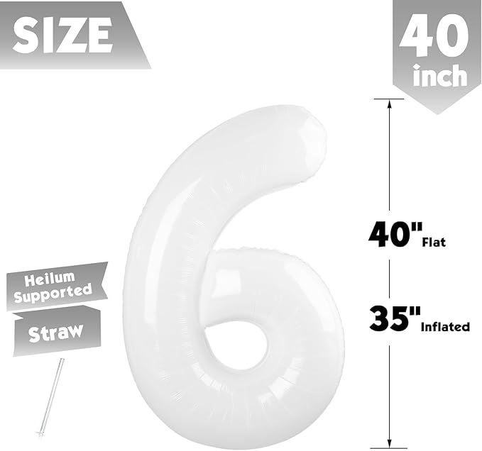 40 Inch White Number 6 Balloon, Giant 6 Number Balloons for 6th Birthday Decorations, Party Supplies for Baby Boy Girl, White Party Decor